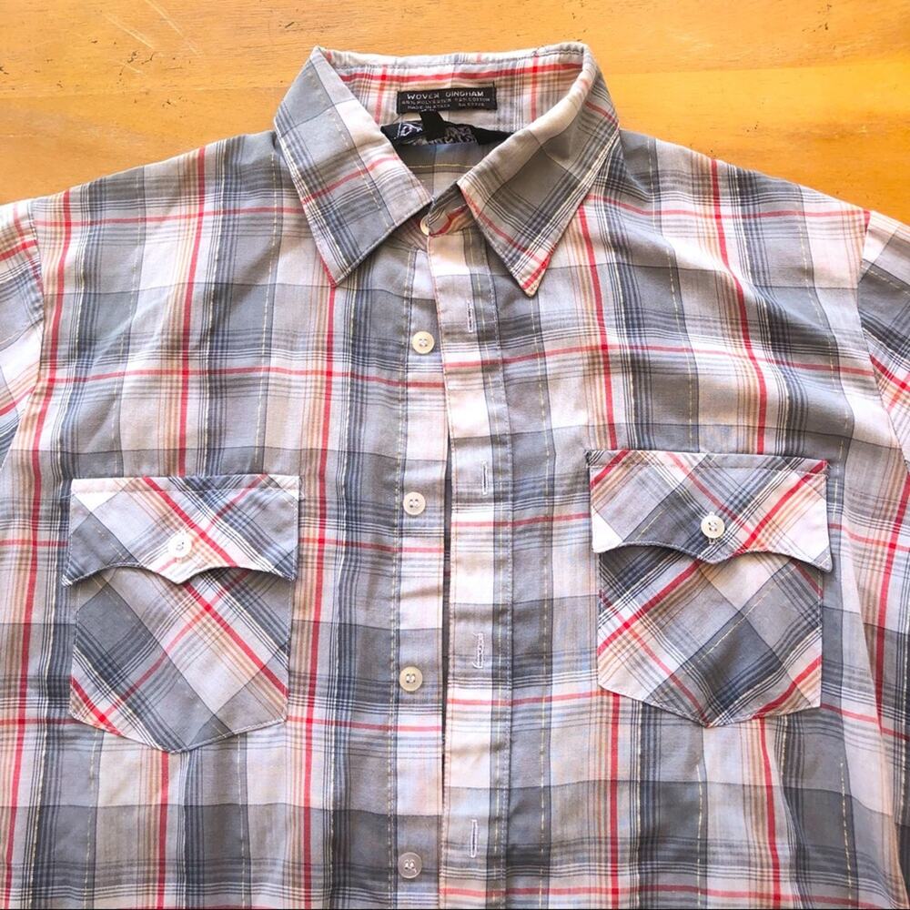 Vintage Gray Plaid Collared Shirt Western Wear Oversized Grunge Flannel 90s 70s